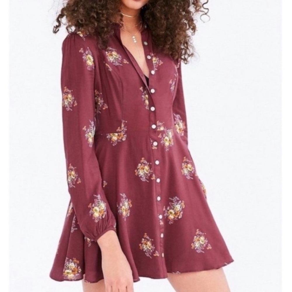 UO Plum Floral Sabrina Button-Down Dress